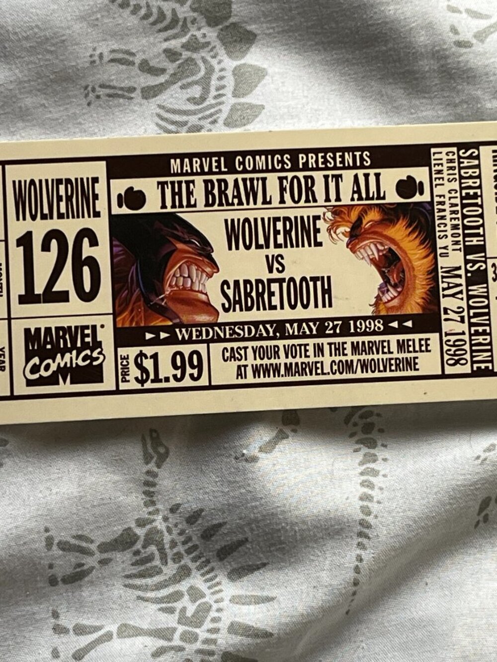 MARVEL COMICS Wolverine 126 Sabretooth Fight 1998 Ticket Style Promo